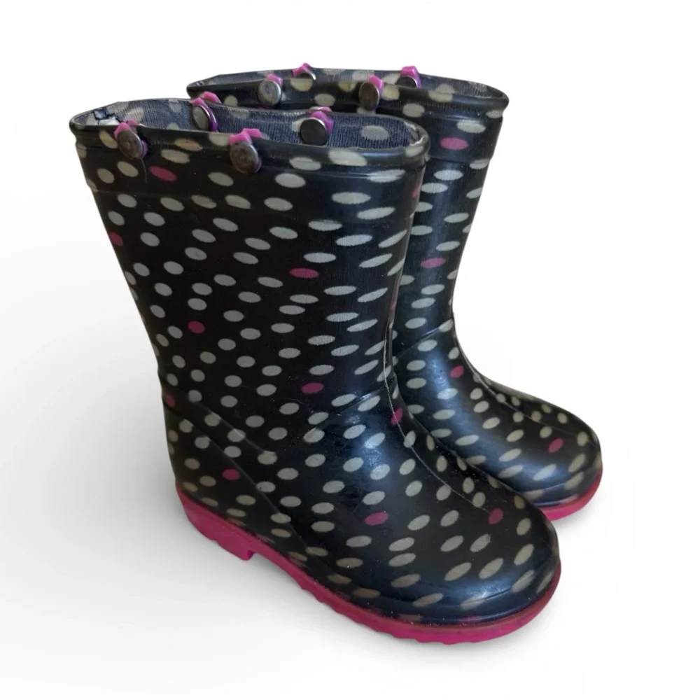 Capelli Kids Waterproof Rain Boots Rubber Navy Pink Polka Dot Toddler Size 6/7